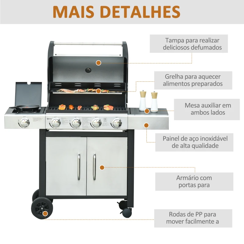 Outsunny Barbecue a Gás com Rodas Barbecue 4+1 Queimadores 3KW e Mesa Lateral Armário de Armazenamento Aço Inoxidável Barbecue a Gás 128x50x113cm Preto e Prata