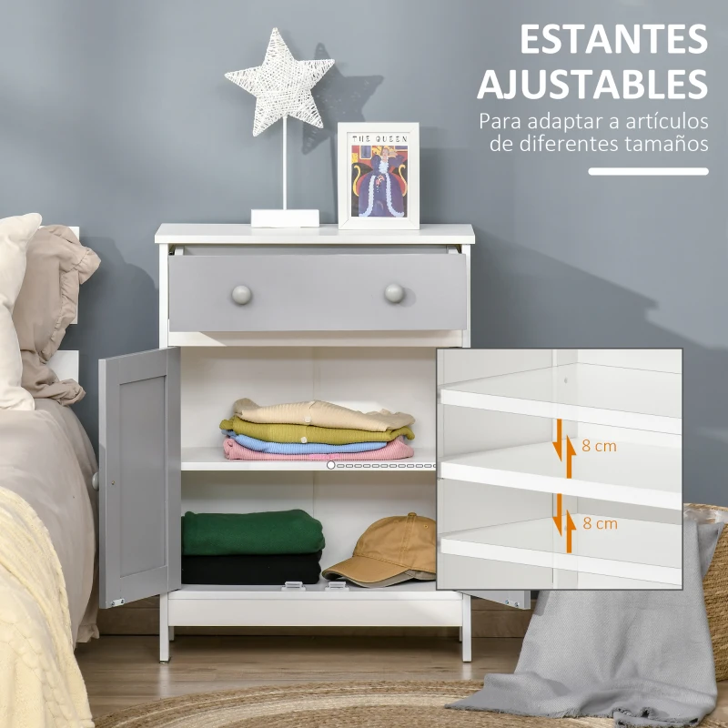 HOMCOM Armario Auxiliar con 1 Cajón 2 Puertas y Estante Ajustable para Baño Cocina Comedor 60x30x80 cm Blanco y Gris