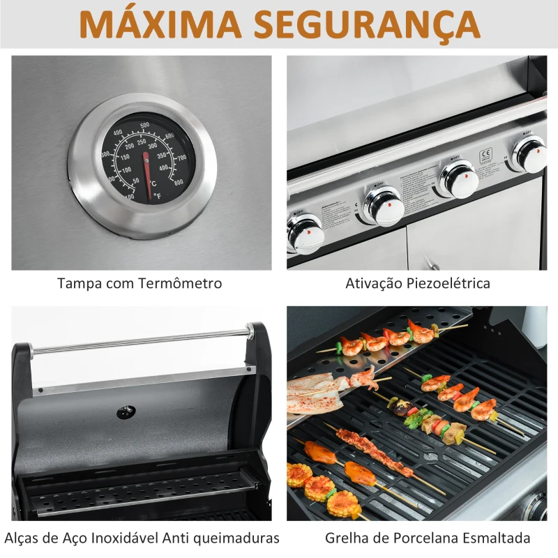 Outsunny Barbecue a Gás com Rodas Barbecue 4+1 Queimadores 3KW e Mesa Lateral Armário de Armazenamento Aço Inoxidável Barbecue a Gás 128x50x113cm Preto e Prata