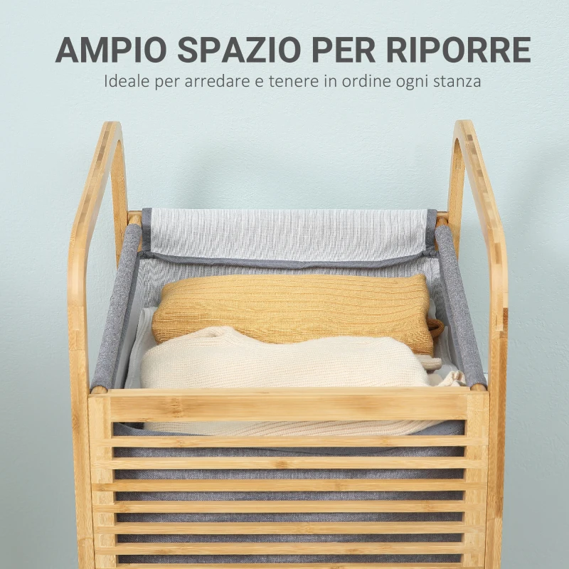 HOMCOM Cesto Portabiancheria in Bambù e Sacco in Tessuto con Coperchio, 38.5x46.5x75cm, Grigio