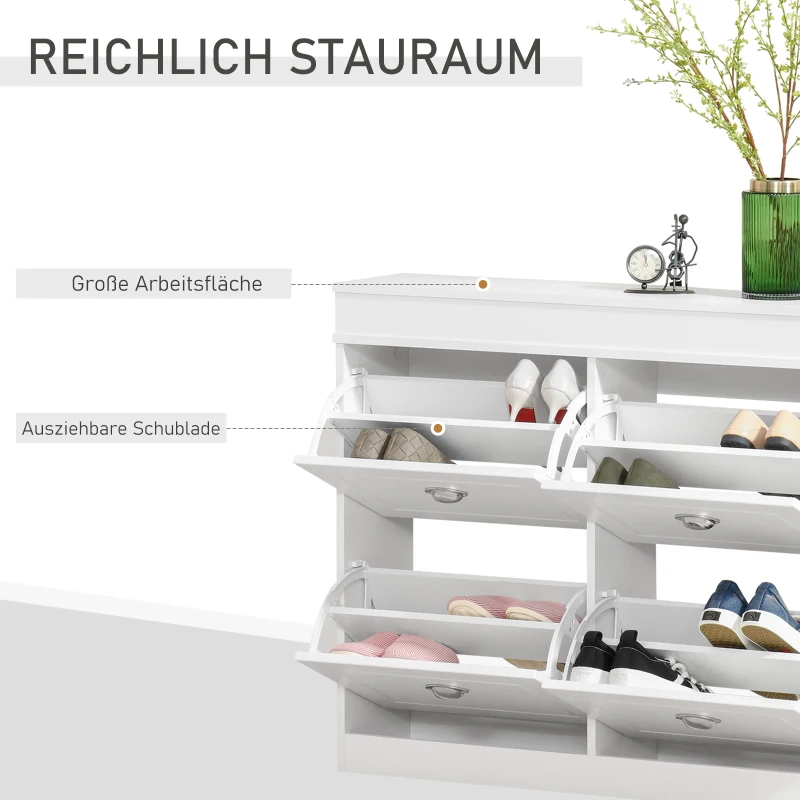 HOMCOM Szafka na buty z 4 szufladami, nowoczesny prosty design, szafka do przechowywania, płyta MDF, biała, 98 x 24 x 83 cm