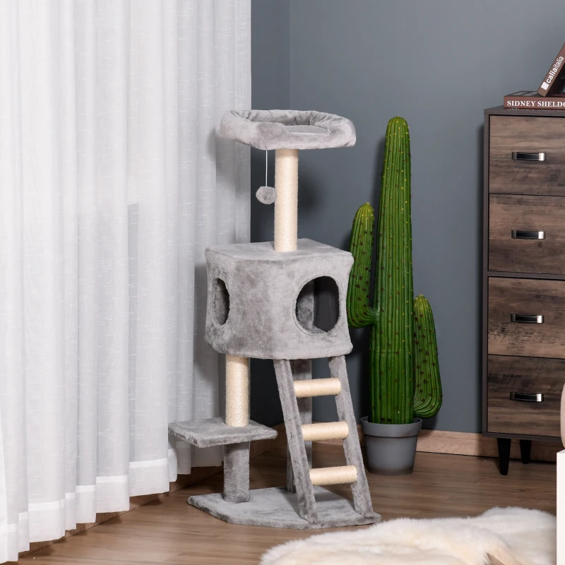 PawHut krabpaal kattenboom met kattengrot trap zacht kussen E1 MDF sisal lichtgrijs