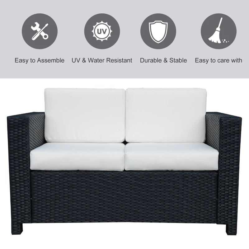 Outsunny 2 Seater Rattan Sofa with Soft Padded Cushion, All-Weather PE Wicker Weave Garden Loveseat with Armrests, Black