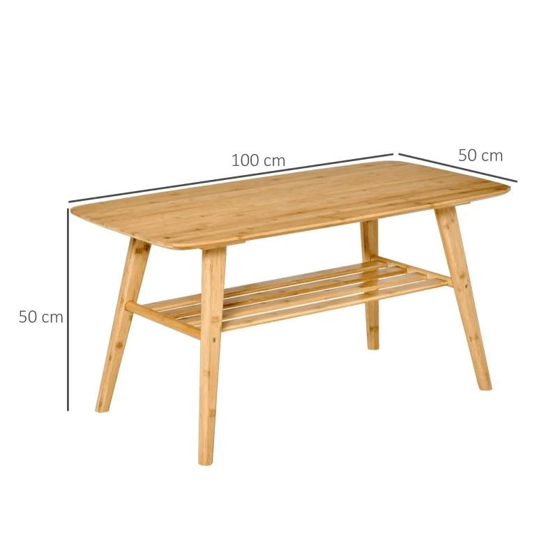 HOMCOM salontafel bijzettafel bamboe tafel woonkamertafel koffietafel met plank minimalistisch stabiel bamboe natuurlijk hout 100x50x50 cm