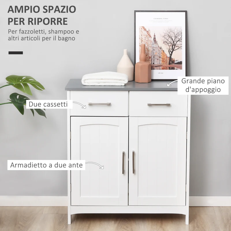 kleankin Dulapior de Baie cu 2 Usi, 2 Sertare si Etajera Reglabila din MDF, 68x33x76cm, Alb(m-4)