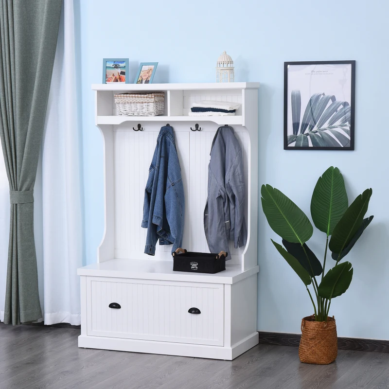 Wieszak garderoba wieszak na ubrania z ławką haki na ubrania MDF biały