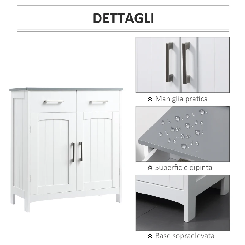kleankin Dulapior de Baie cu 2 Usi, 2 Sertare si Etajera Reglabila din MDF, 68x33x76cm, Alb(m-7)