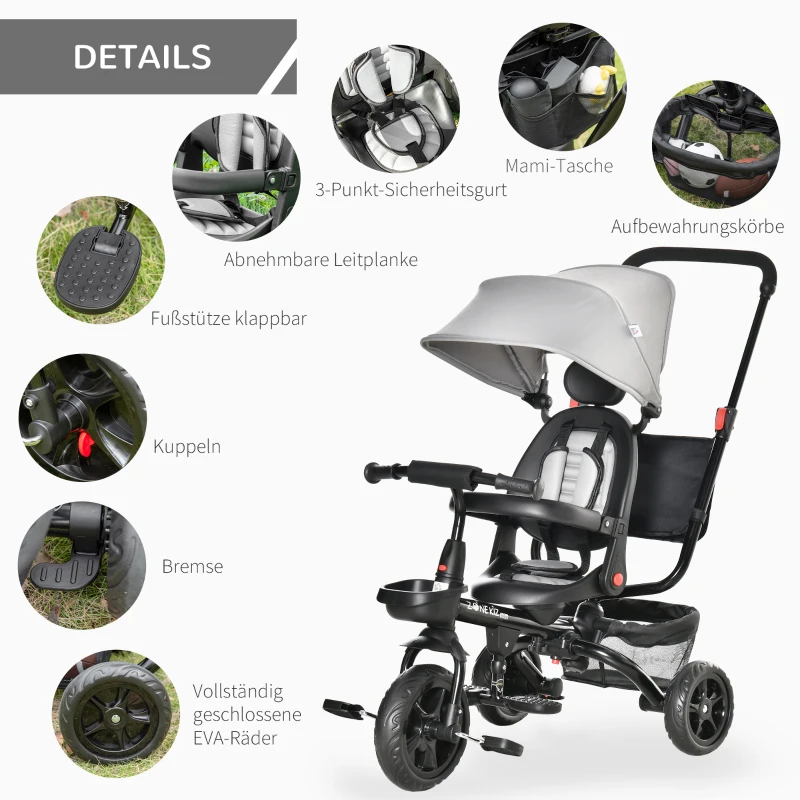 HOMCOM Trójkołowy rowerek dziecięcy 4 w 1 z pasem bezpieczeństwa i daszkiem przeciwsłonecznym kolor szary