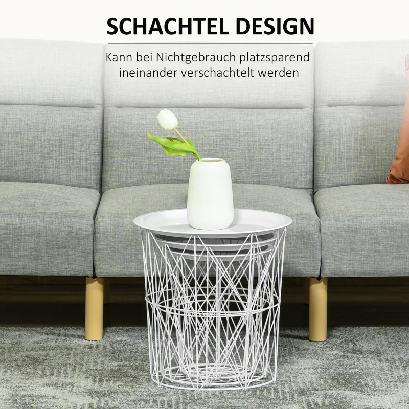HOMCOM 3er-Set Beistelltisch mit Stauraum Nachttisch dekorativer Sofatisch mit abnehmbarem Deckel Korbablage Korbtisch Kaffeetisch Stahl Weiß Ø43 x 44,5 cm/Ø35 x 39,5 cm/Ø30 x 35,5 cm