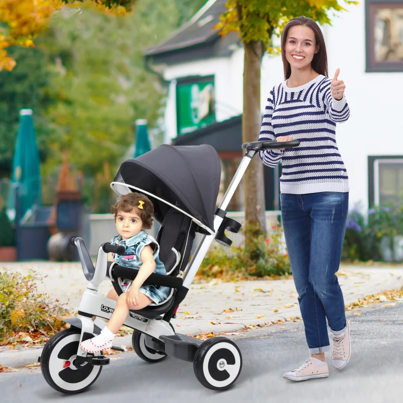 HOMCOM 4 in 1 Kinderdreirad Dreirad Kinder Fahrrad Rad Schubstange Sonnendach Sicherheitsgurt ab 18 Monate dunkelgrau