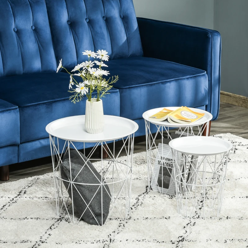 HOMCOM 3er-Set Beistelltisch mit Stauraum Nachttisch dekorativer Sofatisch mit abnehmbarem Deckel Korbablage Korbtisch Kaffeetisch Stahl Weiß Ø43 x 44,5 cm/Ø35 x 39,5 cm/Ø30 x 35,5 cm