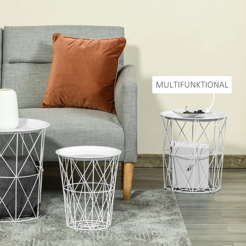 HOMCOM 3er-Set Beistelltisch mit Stauraum Nachttisch dekorativer Sofatisch mit abnehmbarem Deckel Korbablage Korbtisch Kaffeetisch Stahl Weiß Ø43 x 44,5 cm/Ø35 x 39,5 cm/Ø30 x 35,5 cm