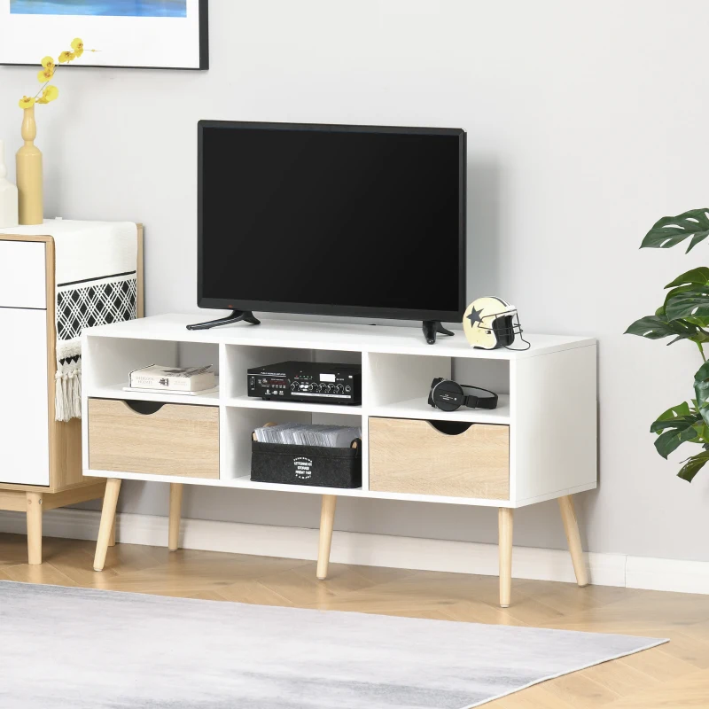 HOMCOM tv-tafel tv-meubel met 2 lades tv-plank spaanplaat massief houten poten wit + eiken 117 x 39 x 57 cm