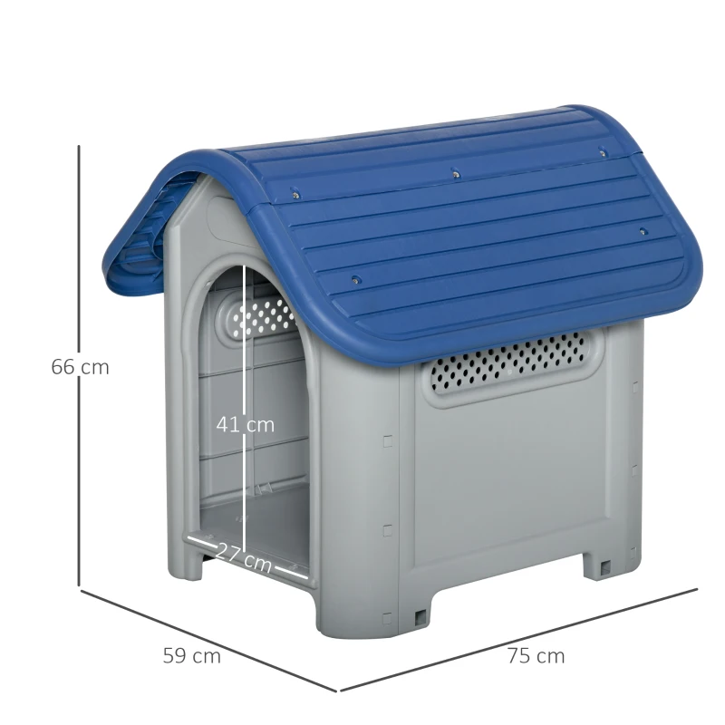 PawHut Casa para cães pequenos com respiradouros resistente para uso interno e externo 59x75x66 cm Azul e cinza
