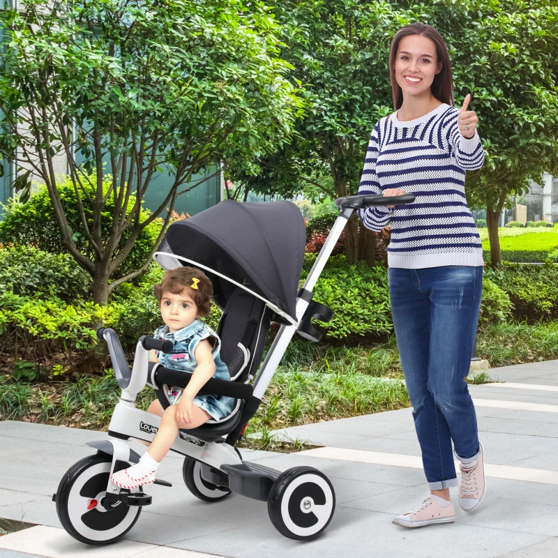 HOMCOM 4 in 1 Kinderdreirad Dreirad Kinder Fahrrad Rad Schubstange Sonnendach Sicherheitsgurt ab 18 Monate dunkelgrau