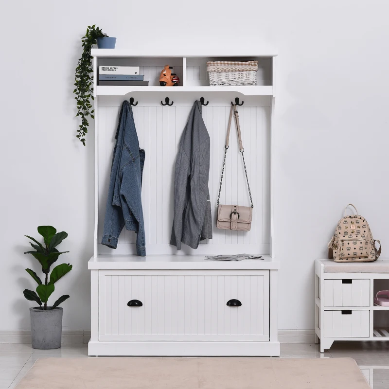 Garderobestandaard kledingrek kapstok met zitbankje kapstokhaak MDF wit