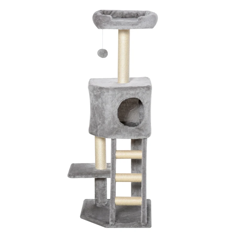 PawHut krabpaal kattenboom met kattengrot trap zacht kussen E1 MDF sisal lichtgrijs