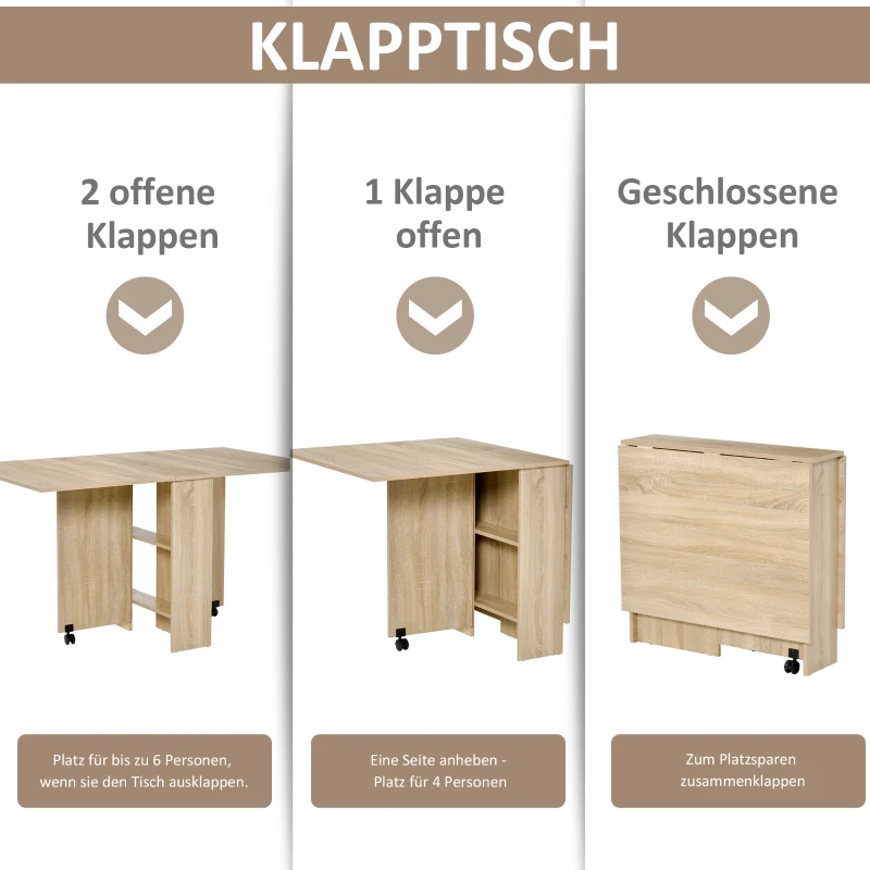 HOMCOM Esstisch, Klapptisch mit Rollen, Schreibtisch, Beistelltisch, Tisch mit Ablagefläche für Esszimmer, Holz, Natur, 80 x 140 x 74 cm