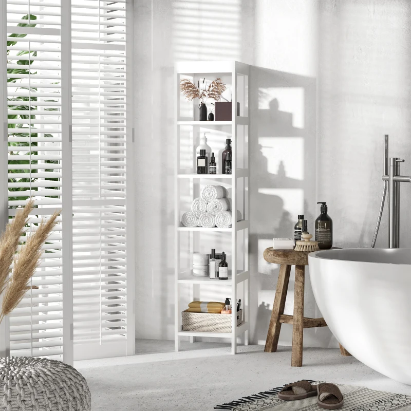 Kleankin Raft Baie cu 5 Etajere, Mobilier Baie Modern din Lemn, 30x30x140cm, Alb