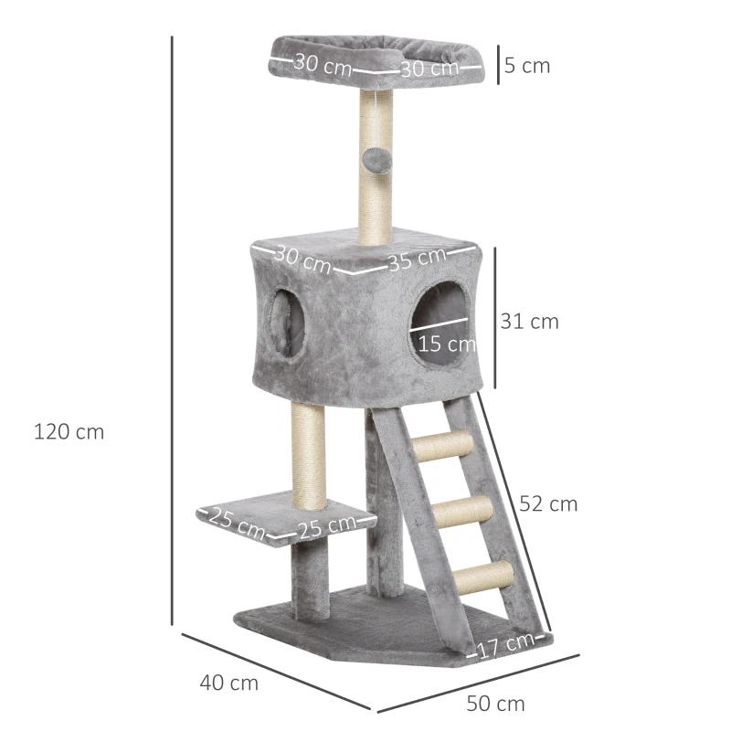 PawHut krabpaal kattenboom met kattengrot trap zacht kussen E1 MDF sisal lichtgrijs
