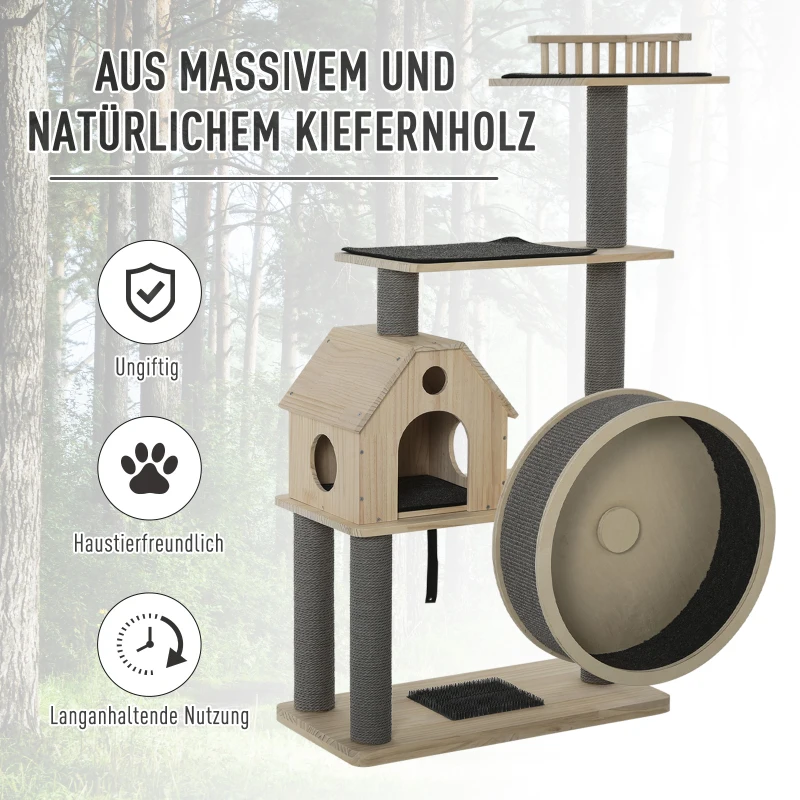 PawHut Kattenboom met loopwiel krabpaal met 4 verdiepingen kattenhuis met sisalpalen massief hout