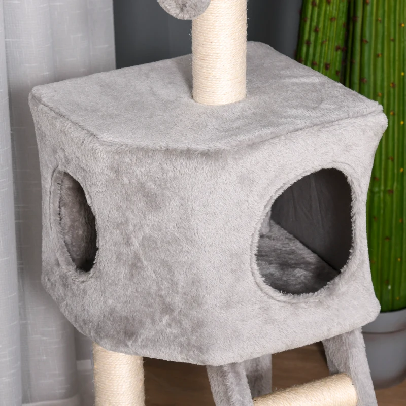PawHut krabpaal kattenboom met kattengrot trap zacht kussen E1 MDF sisal lichtgrijs