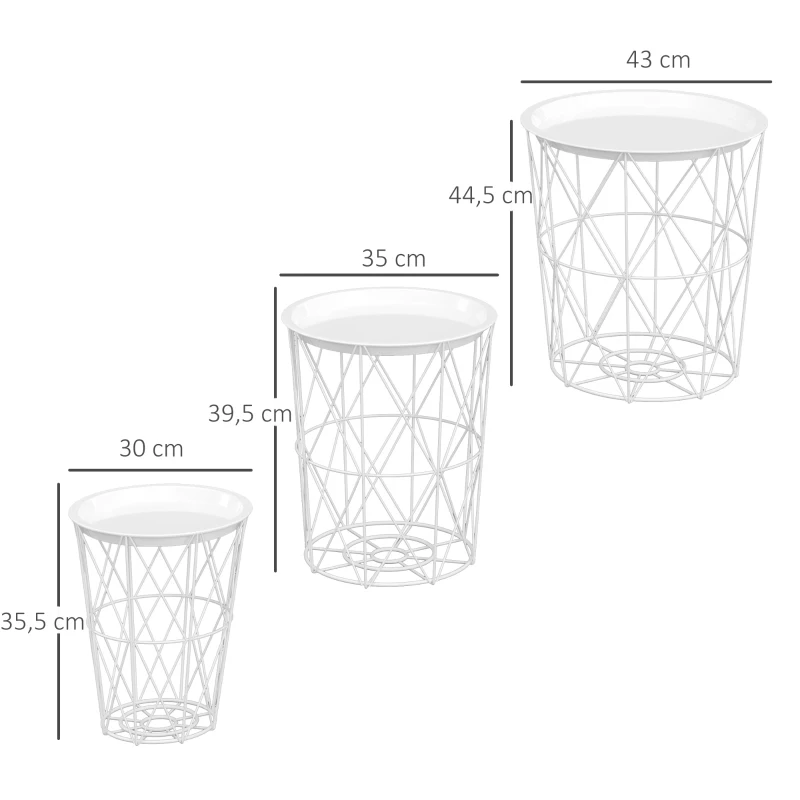 HOMCOM 3er-Set Beistelltisch mit Stauraum Nachttisch dekorativer Sofatisch mit abnehmbarem Deckel Korbablage Korbtisch Kaffeetisch Stahl Weiß Ø43 x 44,5 cm/Ø35 x 39,5 cm/Ø30 x 35,5 cm
