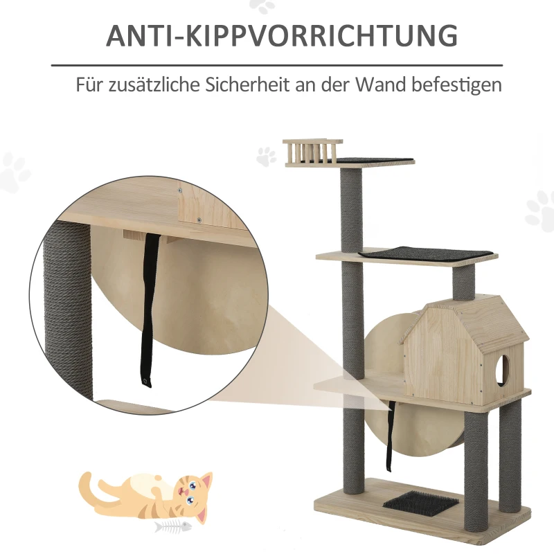 PawHut Kattenboom met loopwiel krabpaal met 4 verdiepingen kattenhuis met sisalpalen massief hout