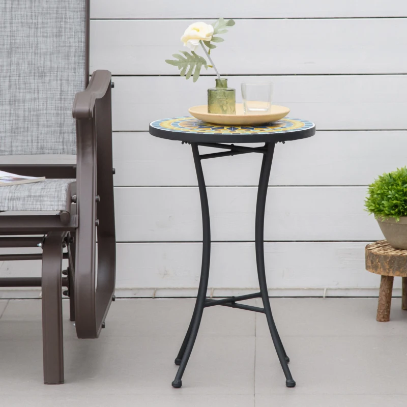 Outsunny Masuta de Gradina din Metal cu Blat din Mozaic Ceramic, Ф35.5x53.5cm, Multicolor