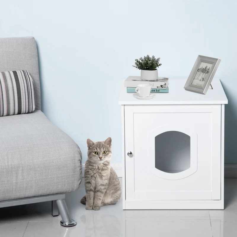 PawHut Casa para Gatos com Desenho 2 em 1 Casa para Animais de Estimação e Caixa de Areia com Porta com Fechadura Magnética 51x48x51cm Branco