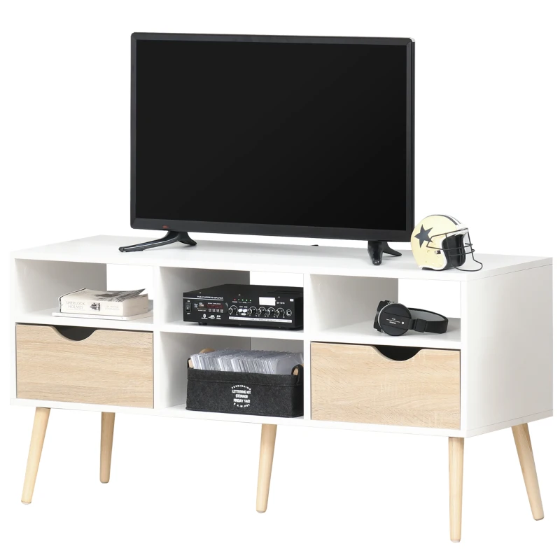 HOMCOM tv-tafel tv-meubel met 2 lades tv-plank spaanplaat massief houten poten wit + eiken 117 x 39 x 57 cm
