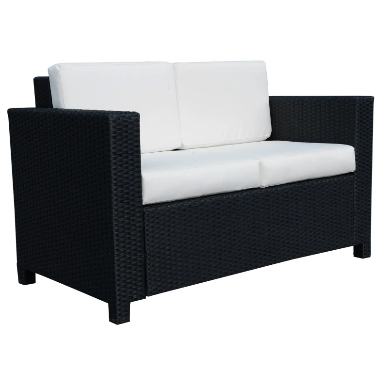 Outsunny 2 Seater Rattan Sofa with Soft Padded Cushion, All-Weather PE Wicker Weave Garden Loveseat with Armrests, Black
