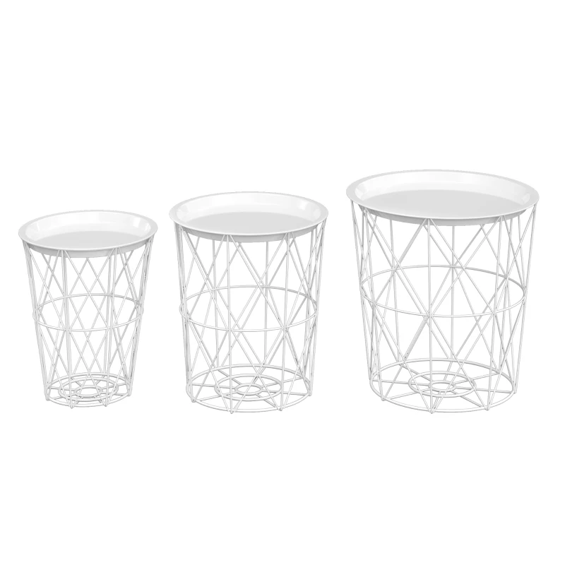 HOMCOM 3er-Set Beistelltisch mit Stauraum Nachttisch dekorativer Sofatisch mit abnehmbarem Deckel Korbablage Korbtisch Kaffeetisch Stahl Weiß Ø43 x 44,5 cm/Ø35 x 39,5 cm/Ø30 x 35,5 cm