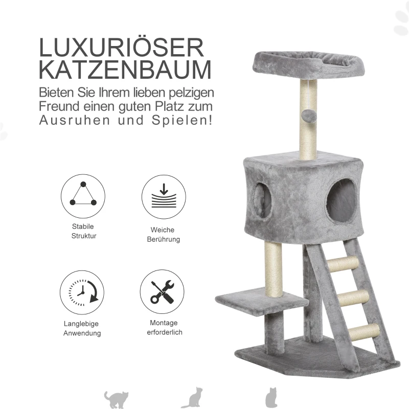PawHut krabpaal kattenboom met kattengrot trap zacht kussen E1 MDF sisal lichtgrijs