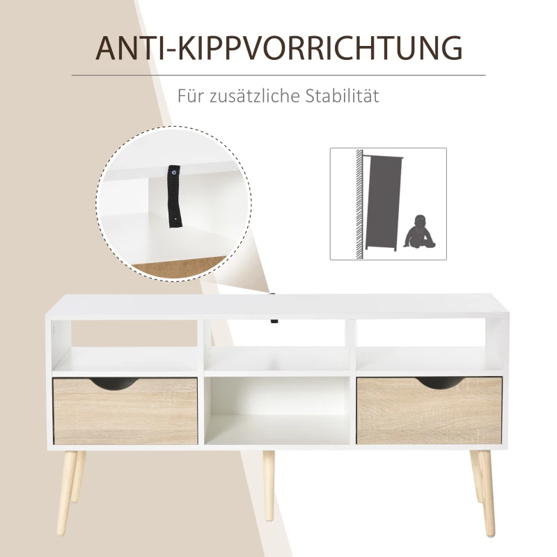 HOMCOM stolik RTV szafka RTV z 2 szufladami szafka pod telewizor płyta wiórowa nogi z litego drewna biały + dąb 117 x 39 x 57 cm