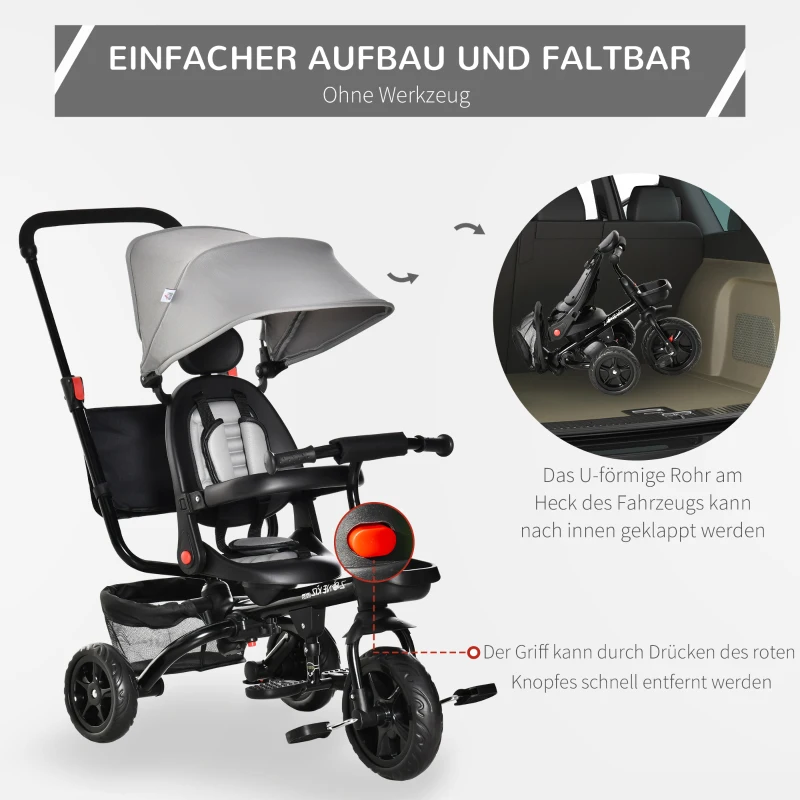 HOMCOM Trójkołowy rowerek dziecięcy 4 w 1 z pasem bezpieczeństwa i daszkiem przeciwsłonecznym kolor szary
