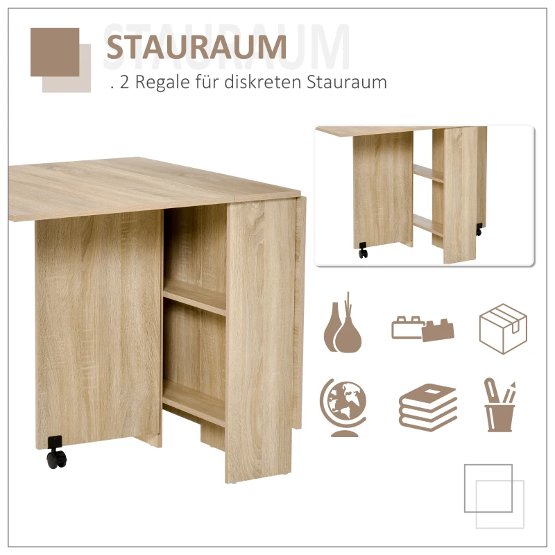 HOMCOM Esstisch, Klapptisch mit Rollen, Schreibtisch, Beistelltisch, Tisch mit Ablagefläche für Esszimmer, Holz, Natur, 80 x 140 x 74 cm