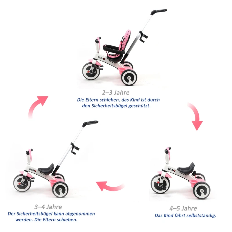 HOMCOM 4 in 1 Kinderdreirad Dreirad Kinder Fahrrad Rad Schubstange Sonnendach Sicherheitsgurt ab 18 Monate Rosa