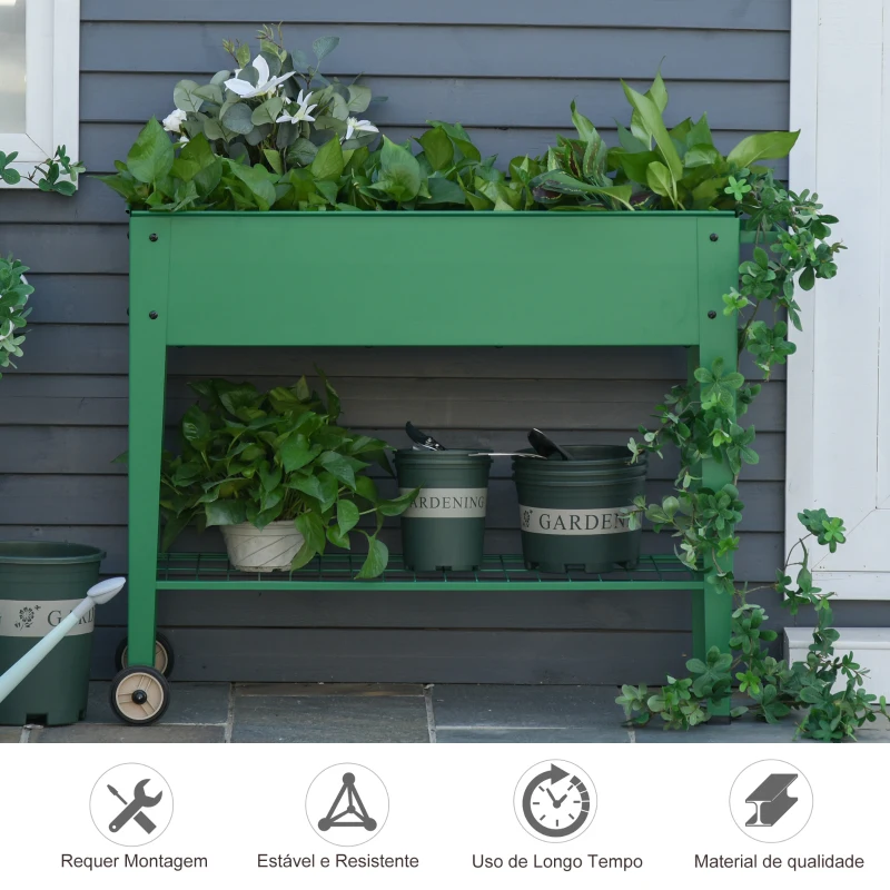 Outsunny Horta Vertical Elevada de Metal Horta Vertical com Rodas Alça Lateral e Prateleira Inferior para Cultivo de Plantas Flores 104x39x80cm Verde