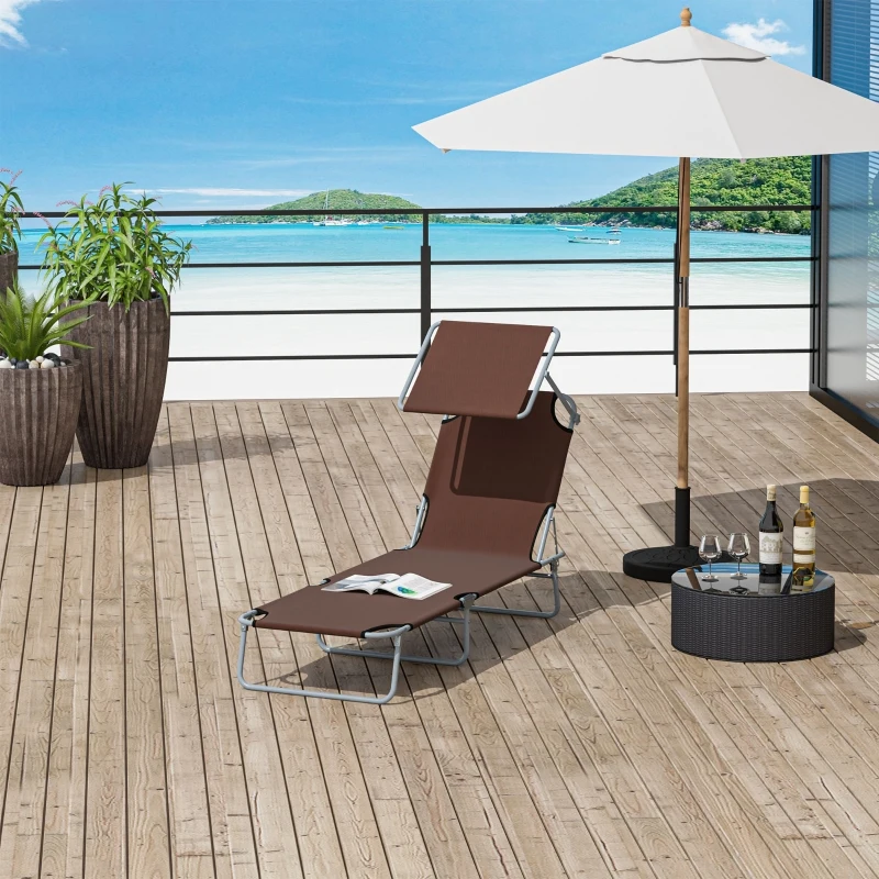 Outsunny Klapbare ligstoel met zonnescherm, verstelbare rugleuning, metalen frame, 187 x 58 x 36 cm, bruin