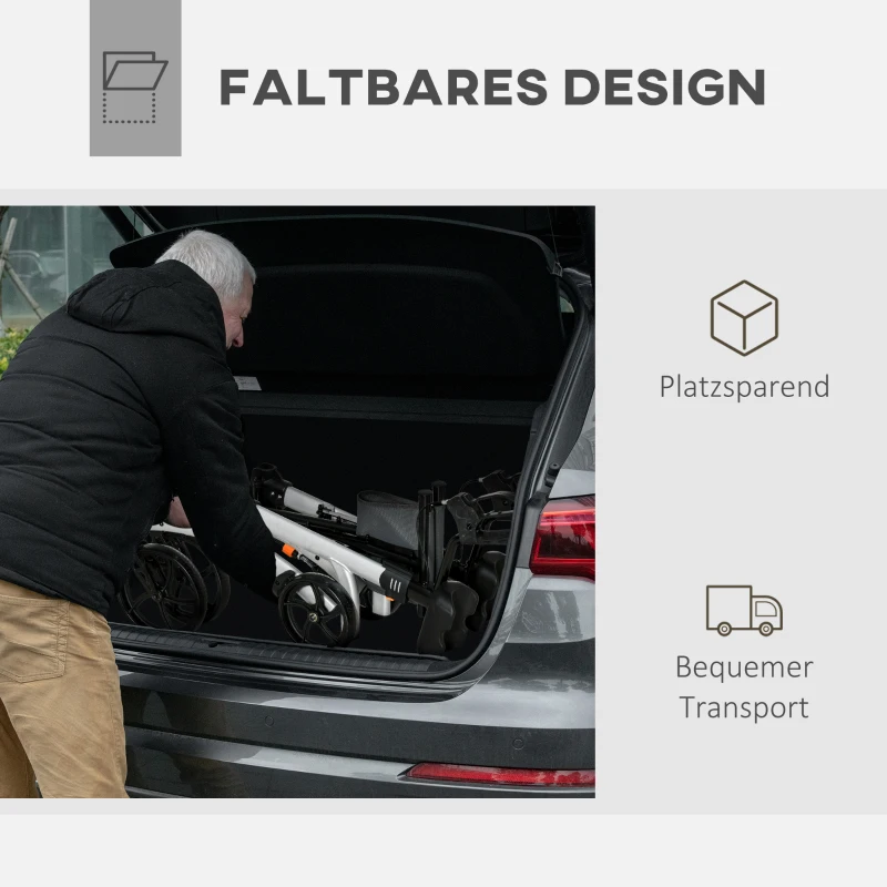 HOMCOM Rollator mit Stuhl Faltbarer Gehwagen Gehhilfe für Senioren mit 4 Rädern Stauraum Bremse höhenverstellbar Leichtgewicht Aluminium Silber+Grau 73 x 64 x 106-136 cm