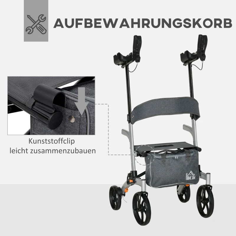 HOMCOM Rollator mit Stuhl Faltbarer Gehwagen Gehhilfe für Senioren mit 4 Rädern Stauraum Bremse höhenverstellbar Leichtgewicht Aluminium Silber+Grau 73 x 64 x 106-136 cm