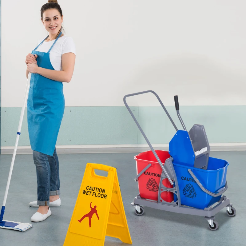 HOMCOM schoonmaakwagen reinigingswagen systeemwagen veegwagen met 2 emmers 4 wielen