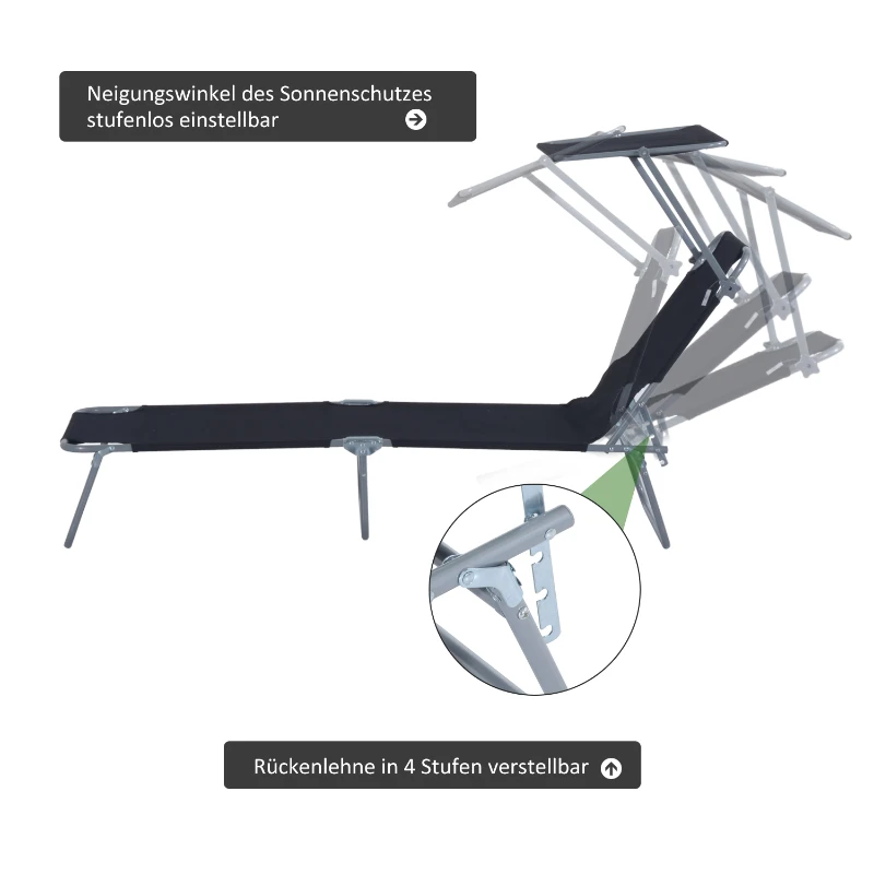 Outsunny Klapbare ligstoel met zonnescherm, verstelbare rugleuning, metalen frame, 187 x 58 x 36 cm, zwart