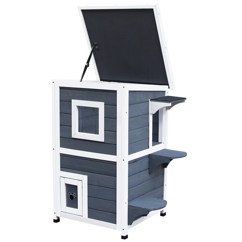 PawHut® kattenhuis 2 verdiepingen kattenvilla met trappen asfaltdak raam vurenhout grijs 51 x 51 x 81,3 cm | Aosom.de