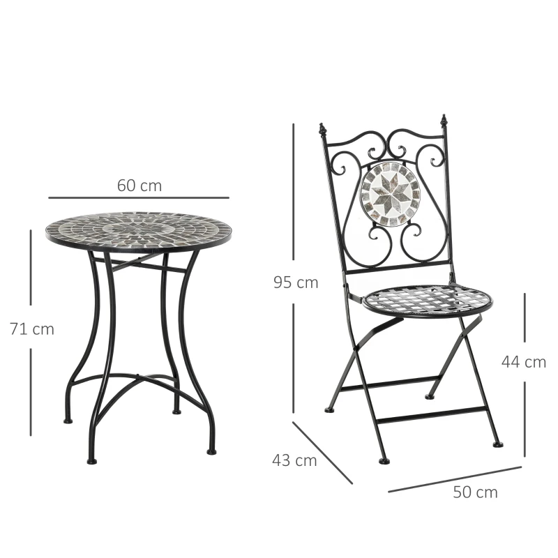 Outsunny Garten Sitzgruppe 3-teilige Mosaiktisch+2 faltbare Stühle Metall Keramikfliese