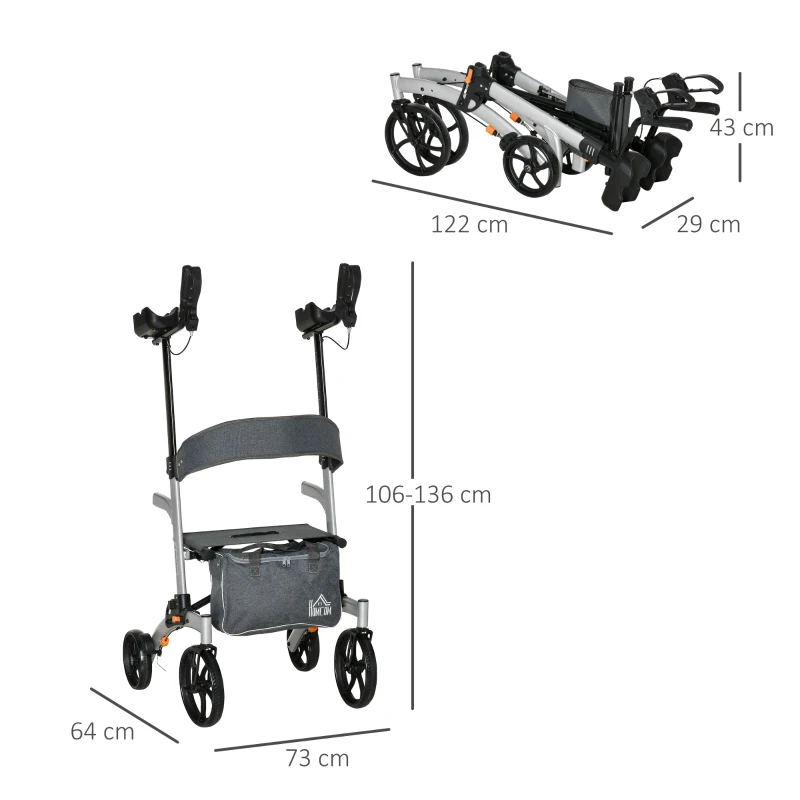 HOMCOM Rollator mit Stuhl Faltbarer Gehwagen Gehhilfe für Senioren mit 4 Rädern Stauraum Bremse höhenverstellbar Leichtgewicht Aluminium Silber+Grau 73 x 64 x 106-136 cm