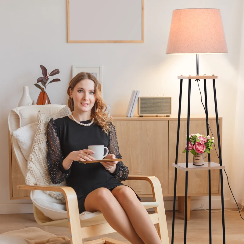 HOMCOM Lampstatief met 3 planken, rubberhout, linnen, metaal, naturel, zwart