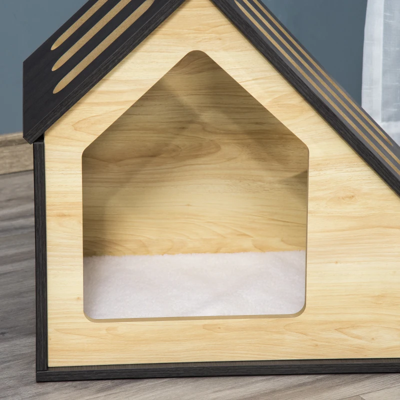Pawhut Wooden Dog House Indoor Cat Cave Cat House Dog Sleeping Place with Cushion Doghouse Dog Cave with Sloping Roof for Small Dogs up to 8 kg 60 x 40 x 59.2 cm