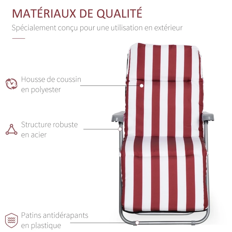 Outsunny Lot de 2 chaise longue bain de soleil adjustable pliable transat lit de jardin en acier rouge + blanc